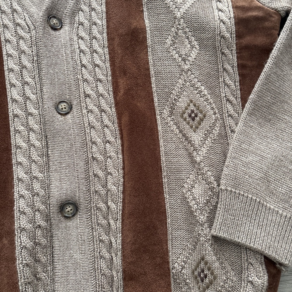VTG Norm Thompson Mens L Cosby Leather Wool Cable Knit Cardigan Sweater Italy - Picture 3 of 16